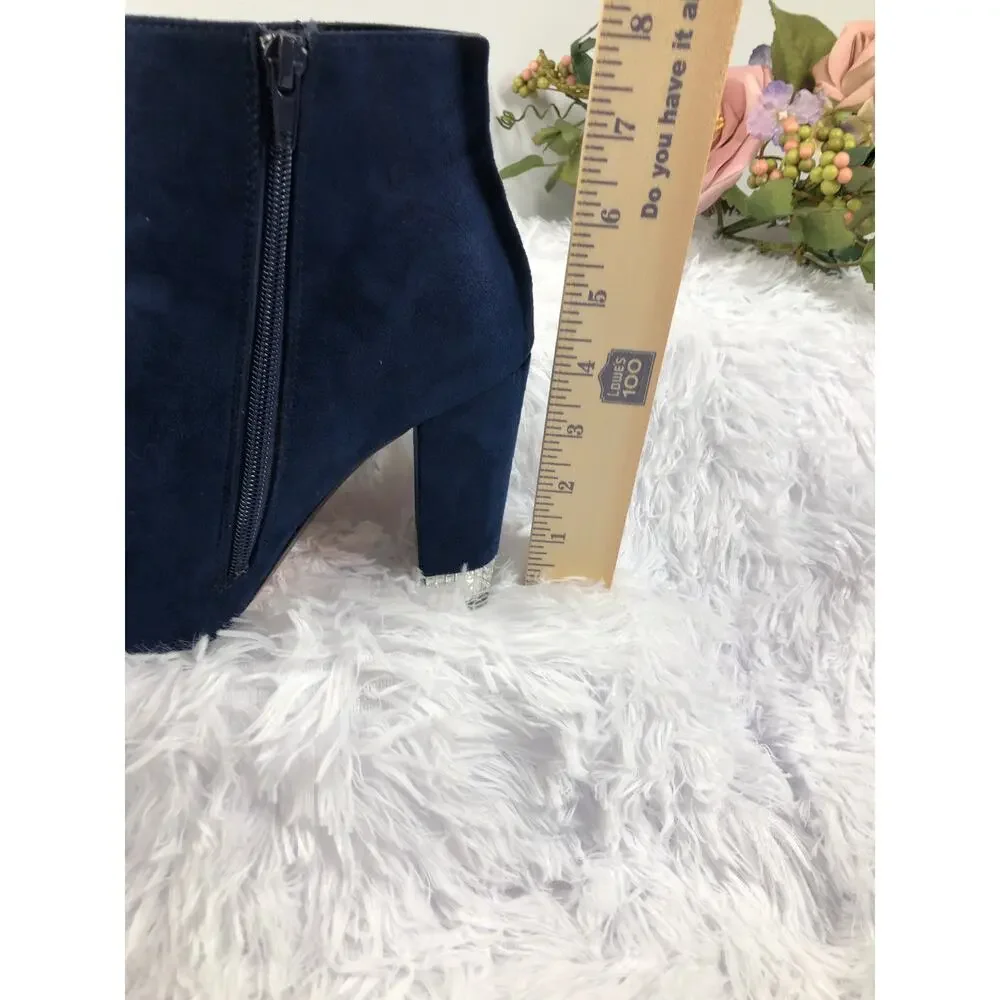 XOXO Yardley‎ Dress Boots Navy Faux Suede Rhinestone Heels Size 9M Zipper Side